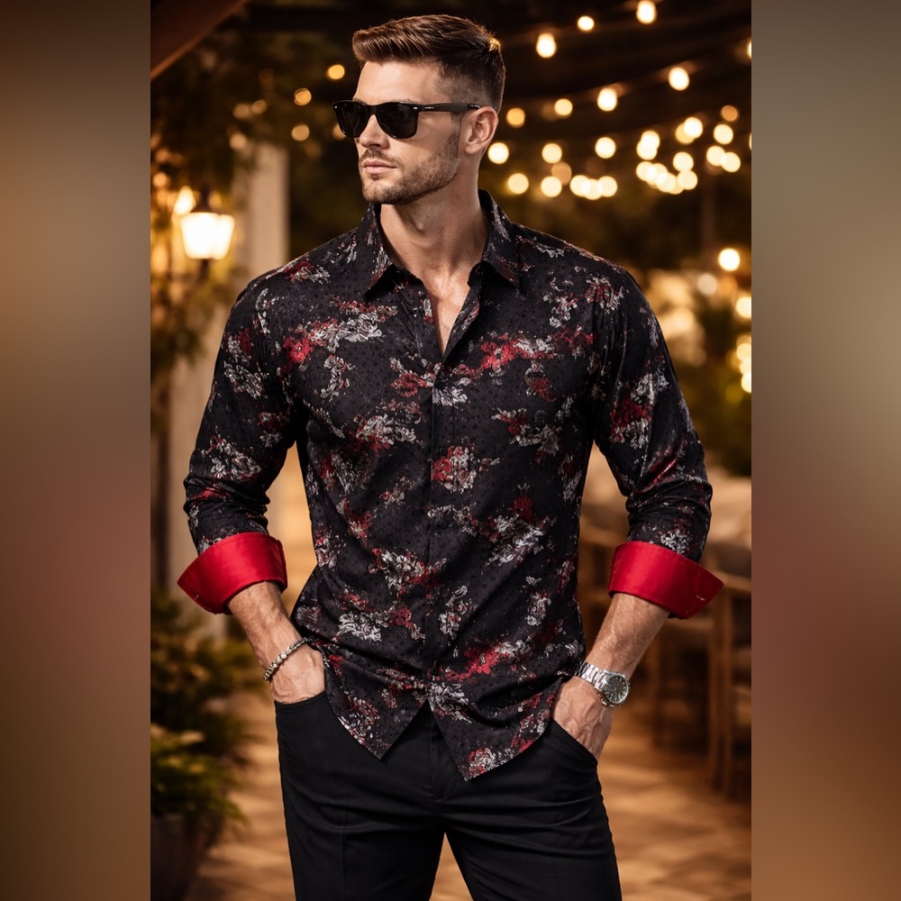 Albertini Black Red Baroque Print Designer Button Down Shirt Reversible Cuffs